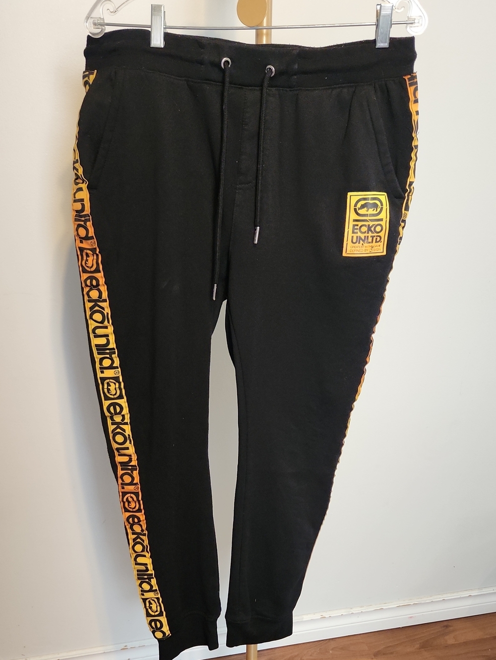 Ecko Unlimited Men’s Black Jogger Pants with Yellow Logo Tape